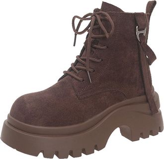 Generic Womens Lace up Ankle Boots with Zip Thick Sole Chunky Heel Round Toe Leather Combat Booties Platform Ladies Biker Flat Low Heel Walking Hiking Boots D