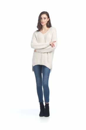Papillon Long Sleeve Knit Sweater With Step Hem In Cream