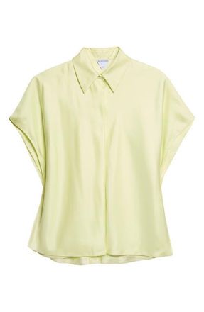 Bottega Veneta Layered Short Sleeve Silk Twill Button-Up Shirt in 3400 Lichen at Nordstrom, Size 2 Us