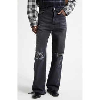 Amiri Flannel Repaired Baggy Jeans in Steel Black at Nordstrom, Size 33