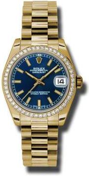 Rolex Lady-Datejust 31 Blue Dial 18K Yellow Gold President Automatic Ladies Watch 178288BLSP