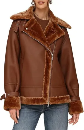 Avec Les Filles Moto Coat Womens Brown Leather Oversized Faux Shearling FROG597