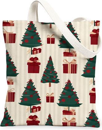 Generic Christmas Tree Canvas Tote Bags, Festive Gift Pattern Reusable Bags, Vintage Lightweight Washable Shoulder Strap Canvas for, Green, 13x15 Inch