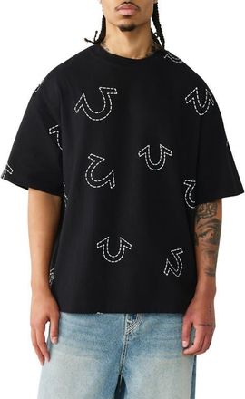 True Religion Horseshoe Print Oversize Heavyweight Cotton T-Shirt in Jet Black at Nordstrom, Size Xx-Large