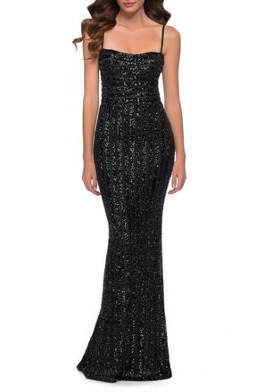 La Femme Modern Gown with Thick Line Sequin Fabric in Black at Nordstrom, Size 10