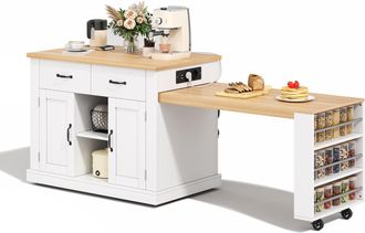 STILVORA Carro De Cocina Con 2 Puertas 2 Cajones Mesa Extensible Enchufes Y Usb Estantes Ajustables Con Ruedas 132x70x90 Cm
