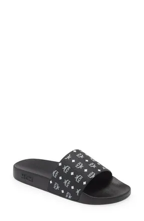 MCM Monogram Print Rubber Slides in Black at Nordstrom, Size 38