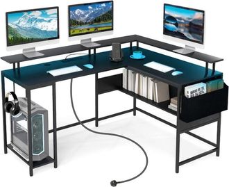 Costway Costway - L-Shaped Gaming Desk Computer Desk w/LED Lights & Power Outlets-Black