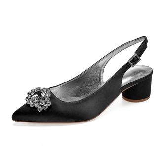 Generic Slingback Wedding Heels Womens Bridal Pointed Toe Chunky Heels Prom Evening Formal Party Pumps Shoes 4.5Cm,Black,9 UK