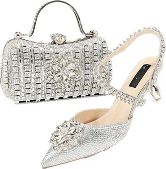 Generic Womens Shoes and Bag Set Sparkly Rhinestone Flower Evening Handbag Shiny Elegant Bridal Heeled Shoes Silver