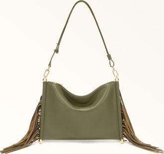Furla Sfera Soft Shoulder Bag Toni Avocado Nappa Leather + Suede Fringes Woman