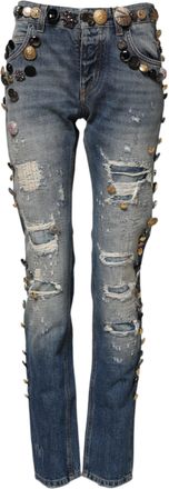 Dolce & Gabbana Womens Blue Embellished Tattered Skinnydenim Jeans Cotton Clothing