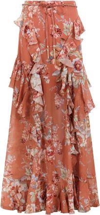 Zimmermann Maxi Skirts, female, Brown, Size: L Rust Floral Ruffled Maxi Skirt