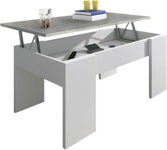 HOGAR 24 Mesa centro elevable blanco y tapa gris cemento, 90x50x46/56 cm