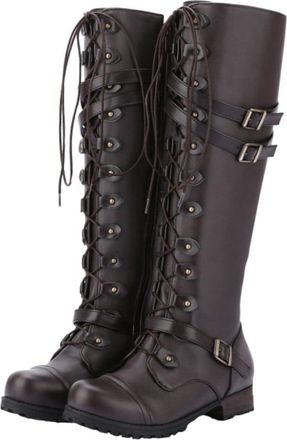 Generic WomenS Dark Brown Riding Boots Mid-Calf Winter Fashion Boots with Rivet Buckle and Square Heel Lace-Up Casual Female Footwear Size 40