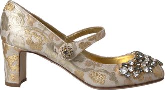 Dolce & Gabbana Gold Jacquard Crystal Mary Janes Pumps Womens Shoes