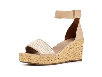 Franco Sarto Clemens Raffia Espadrille Wedge Heel Sandals Womens Sandals Natural Beige Raffia 1 : 6.5 M, Faux Leather