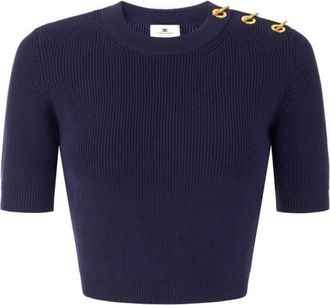 Elisabetta Franchi Cropped Gebreide Top - Dames - Ronde hals truien - Blauw - S - Truien & Vesten