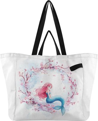Generic Mermaid Floral Pink print Reusable Canvas Tote Bag, Heavy Duty Grocery Shopping Bag with Hard Bottom Double Handles Large Capacity Work Groceries Trav