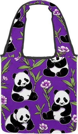 Generic Cute Panda on Purple Reversible Canvas Shoulder Tote - Double-Sided Print, 12oz Cotton, 27cm Drop, Fold-Flat Bag for Travel, Shopping, Street Outings