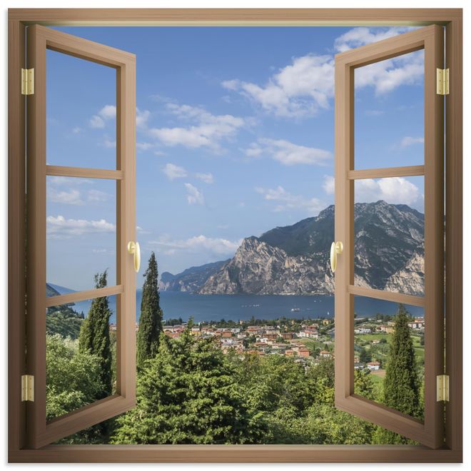 Artland ARTland Wanddeko Wandbild Alu Verbundplatte für Innen & Outdoor Bild 100x100 cm Fensterbilder Fenster Landschaften Natur Berge See Idyll Gardasee Südt ab 202,99 €