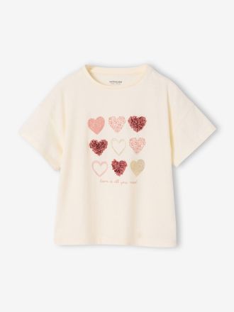 Vertbaudet T-Shirt M&auml;dchen mit Herz-Applikationen und Glitzer-Effekten wollwei&szlig;