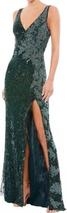Mac Duggal Beaded Floral Sequin Gown In Emerald Green