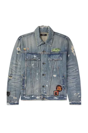 Amiri Vintage Pegasus Embellished Distressed Paint-Splattered Denim Trucker Jacket