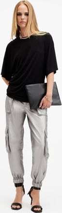 AllSaints Cotton Freda Metallic Coated Cargo Trousers, Size: UK 16/US 12