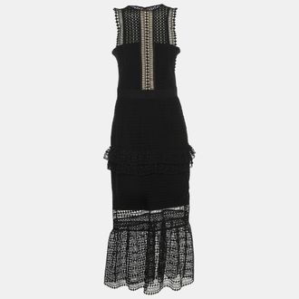 Self Portrait Black Guipure Lace Tiered Midi Dress
