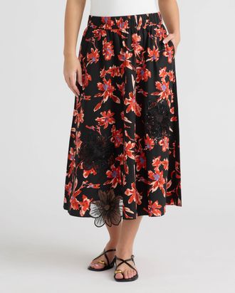 NVLT Womens Midi Skirt with Floral Applique