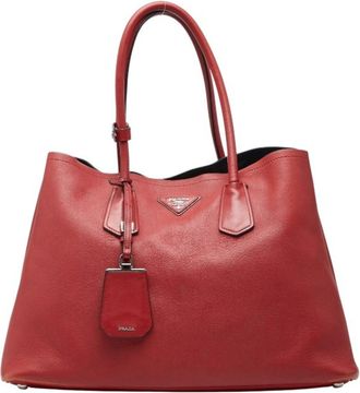 Prada Red Color Leather Shoulder Bag Tote Bag (Pre-Owned)