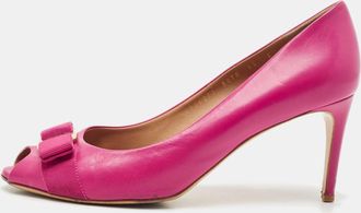 Ferragamo Pink Leather Vara Bow Peep Toe Pumps