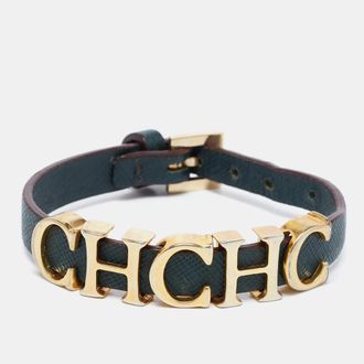 Carolina Herrera Forest Green Leather Logo Charms Wrap Bracelet