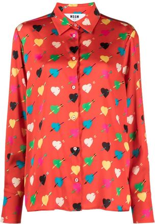 Msgm heart-print long-sleeve shirt - women - Polyester - 42 - Red