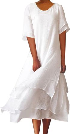 Generic Two-piece womens summer dress, womens casual dress, plain colour, round neck, buttonless, made of cotton and linen, irregular flowing hem, beach women