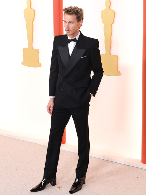 Austin Butler in double breasted tuxedo by Saint Laurent