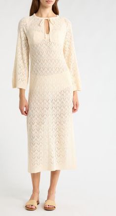 Elan Pointelle Cover-Up Midi Sweater Dress in Natural at Nordstrom, Size X-Small