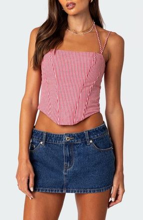 Edikted Pippa Gingham Lace-Up Back Corset Top in Red at Nordstrom, Size X-Small
