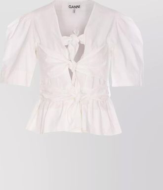 Ganni cotton v-neck puff-sleeve tie-front blouse