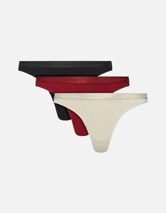 Calvin Klein Womens 3-Pack Shiny Logo Thongs, Black/Cocoon/Syrah - Tan - Size: 14
