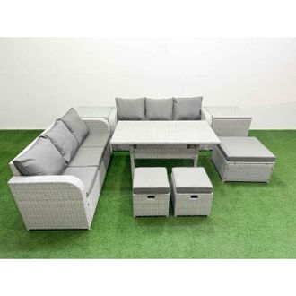 Fimous Outdoor Garden Furniture Sets 9 Seater Wicker Rattan Furniture Sofa Sets with Rectangular Dining Table high Back Lounge Sofa 3 Stools 2 Side Table