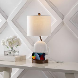 Jonathan Y Designs Ellie 20.25 Bohemian Designer Iron/Resin Elephant LED Kids Table Lamp with Phone Stand and USB Charging Port, Pink