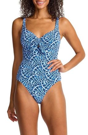 Tommy Bahama Island Cays Shell Cove Tie Front One-Piece Swimsuit in Indigo Tide at Nordstrom, Size 16