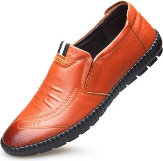 Generic Mens Loafers Shoes Stitching Details Loafer Shoes Leather Flat Heel Slip Resistant Flexible Classic Slip-ons(Brown,6.5 UK)