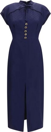 Alessandra Rich Zijden midi jurk met knopen en contrasterende biezen - Dames - Jurken - Blauw - Maat: S Zijde