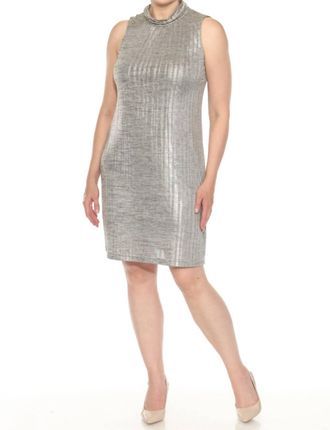 Joseph Ribkoff Mock Neck Sleeveless Mini Dress In Beige/gold