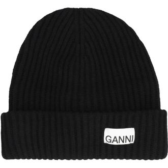 Ganni Beanies, female, Black, Size: ONE SIZE Ribbed Knit Beanie