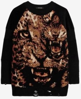 Roberto Cavalli Tiger Intarsia Fisherman Rib Distressed Sweater, Size Medium