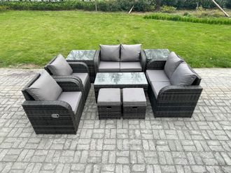Fimous 9 Piece Rattan Garden Furniture Set Outdoor Patio Sofa, Table & Chairs Coffee Table 2 Small Footstools Ideal for Pool Side, Balcony